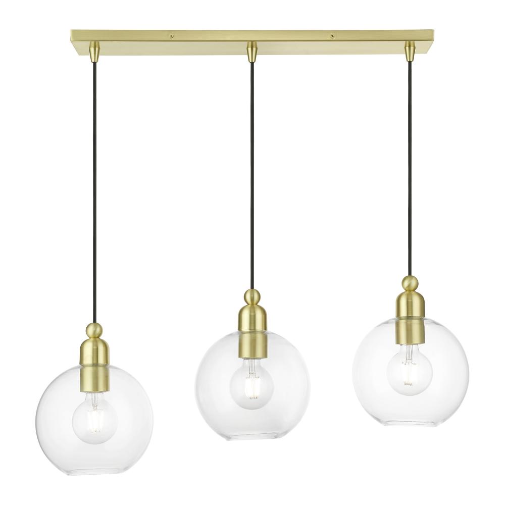 3 Light Satin Brass Sphere Linear Chandelier