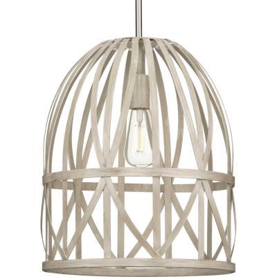 Chastain Collection One-Light Brushed Nickel Bleached Oak Basket Farmhouse Pendant Light