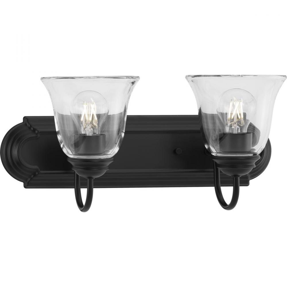 Two-Light Matte Black Transitional Bath and Vanity Light with Clear Glass for Bathroom