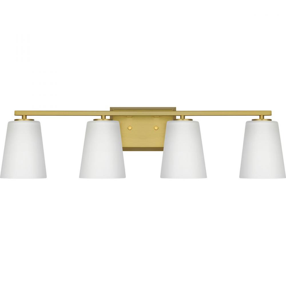 Vertex Collection Four-Light Brushed Gold Etched White Glass Contemporary Bath Light