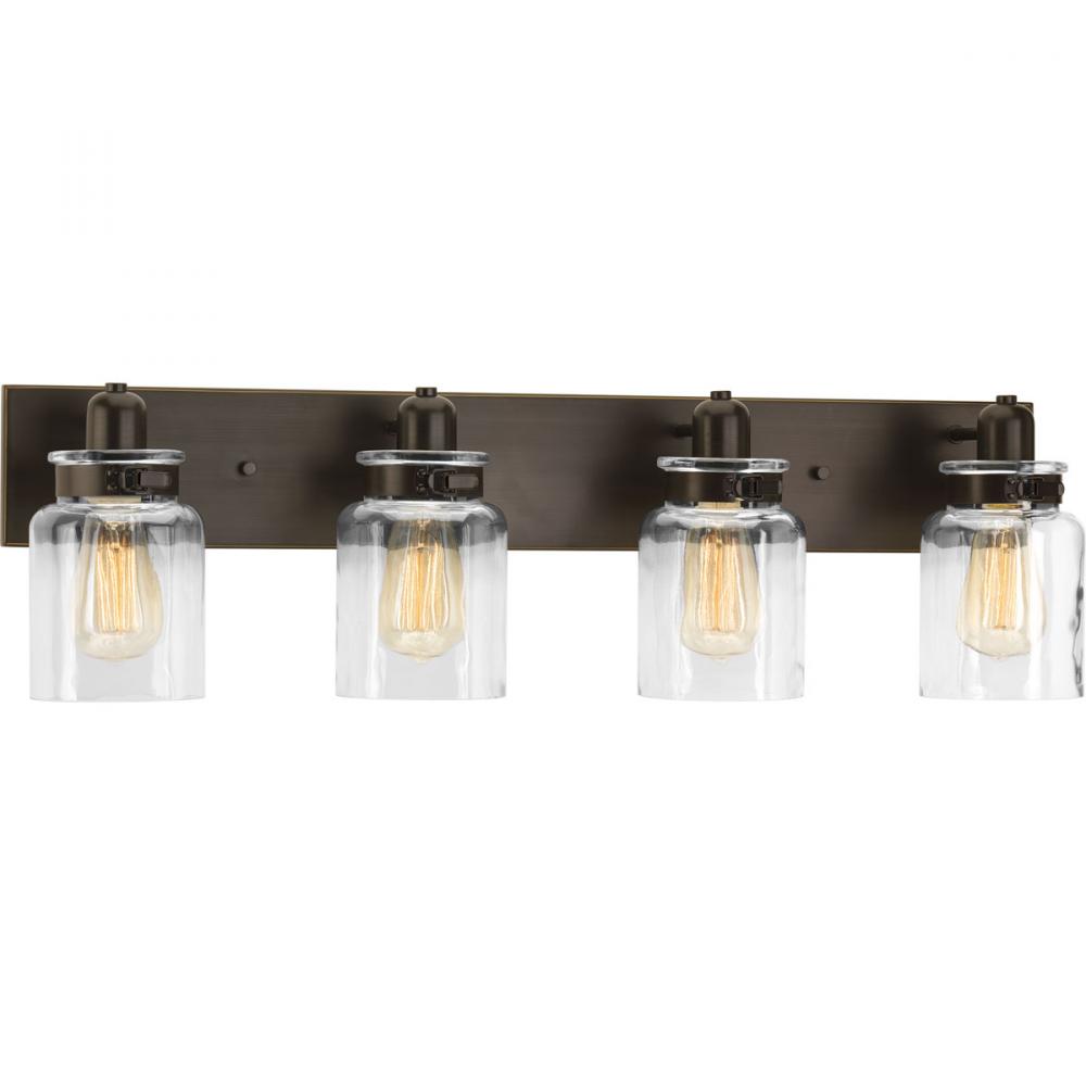 Calhoun Collection Four-Light Antique Bronze Clear Glass Farmhouse Bath Vanity Light