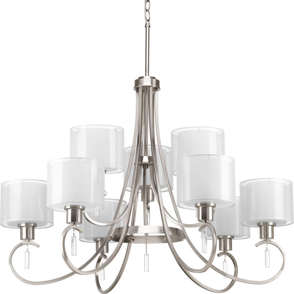 Invite Collection Nine-Light Brushed Nickel White Silk Mylar Shade New Traditional Chandelier Light