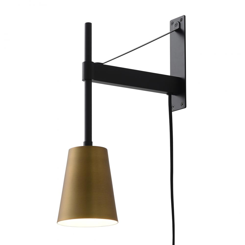 Brace Sconce , Matte Black With Brass Shade