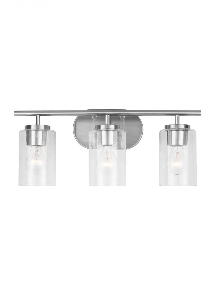 Oslo dimmable 3-light wall bath sconce in a brushed nickel finish with clear seeded glass shade