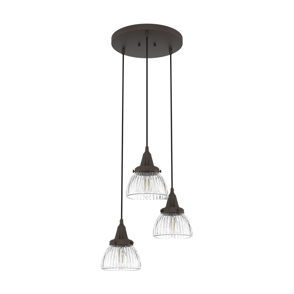 Hunter Cypress Grove Onyx Bengal with Clear Holophane Glass 3 Light Pendant Cluster Ceiling Light