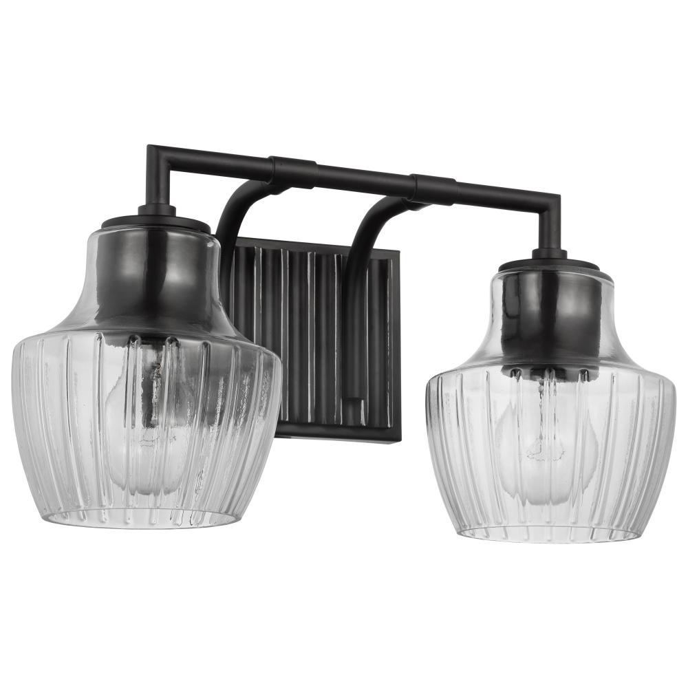 Destin; 2 Light Vanity; Medium Base; 60 Watt; Black And Silver Accent Finish; Clear Ribbed Glass