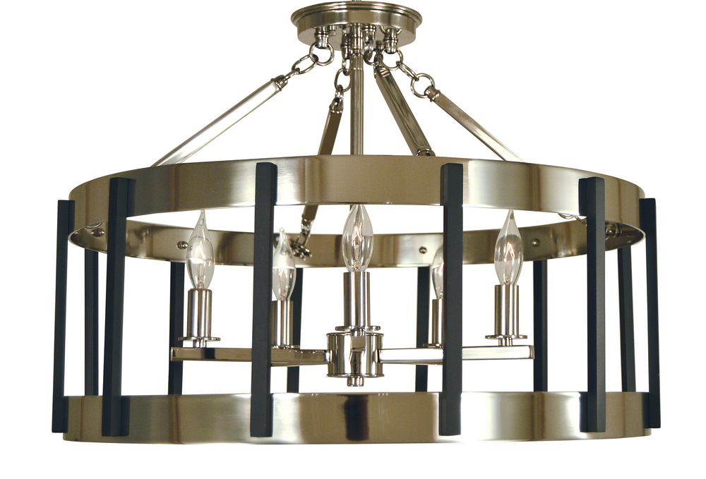 5-Light Satin Pewter/Polished Nickel Pantheon Semiflush